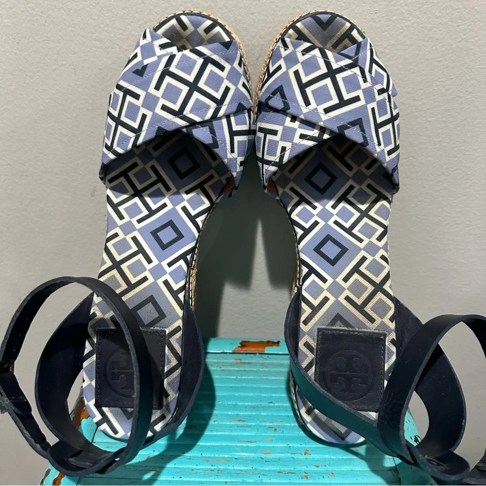 Tory Burch Navy Espadrille Wedge Ankle Strap All Over Logo Print Size 8 B